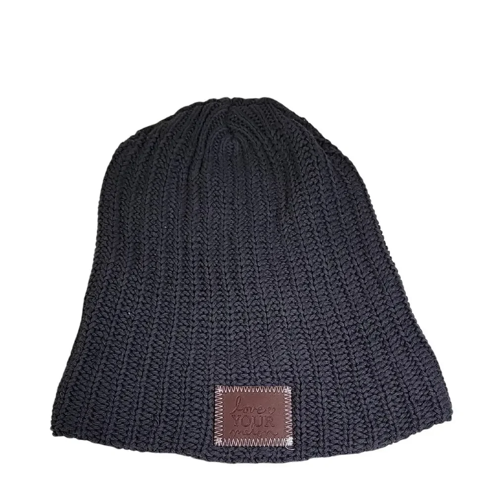 Love Your Melon Chunky Knit Beanie Hat Brown Logo Patch